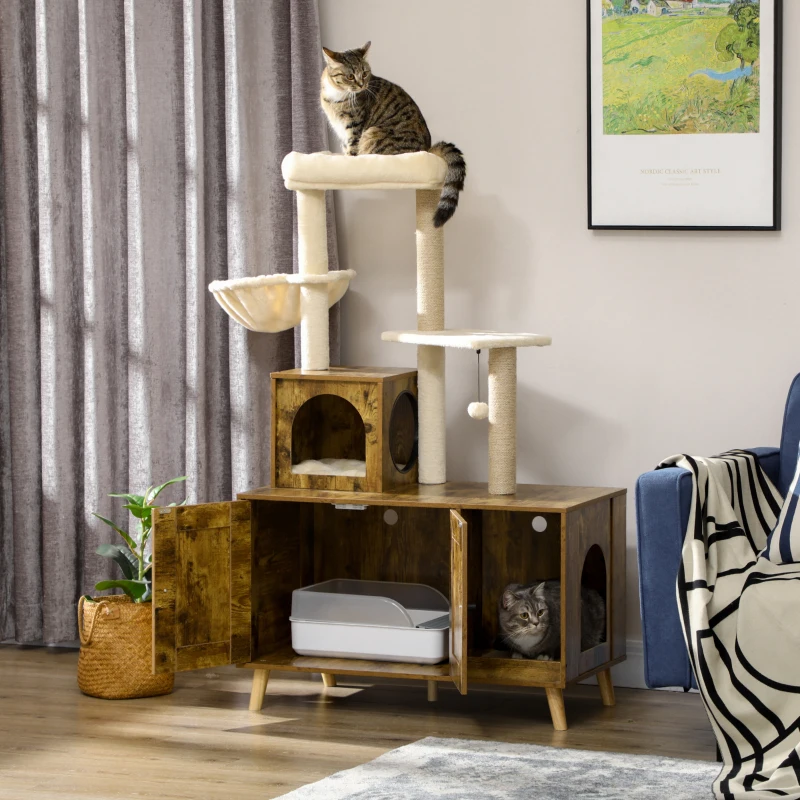 Cat tree with built-in litter box enclosure and lounging platforms in a modern living room.