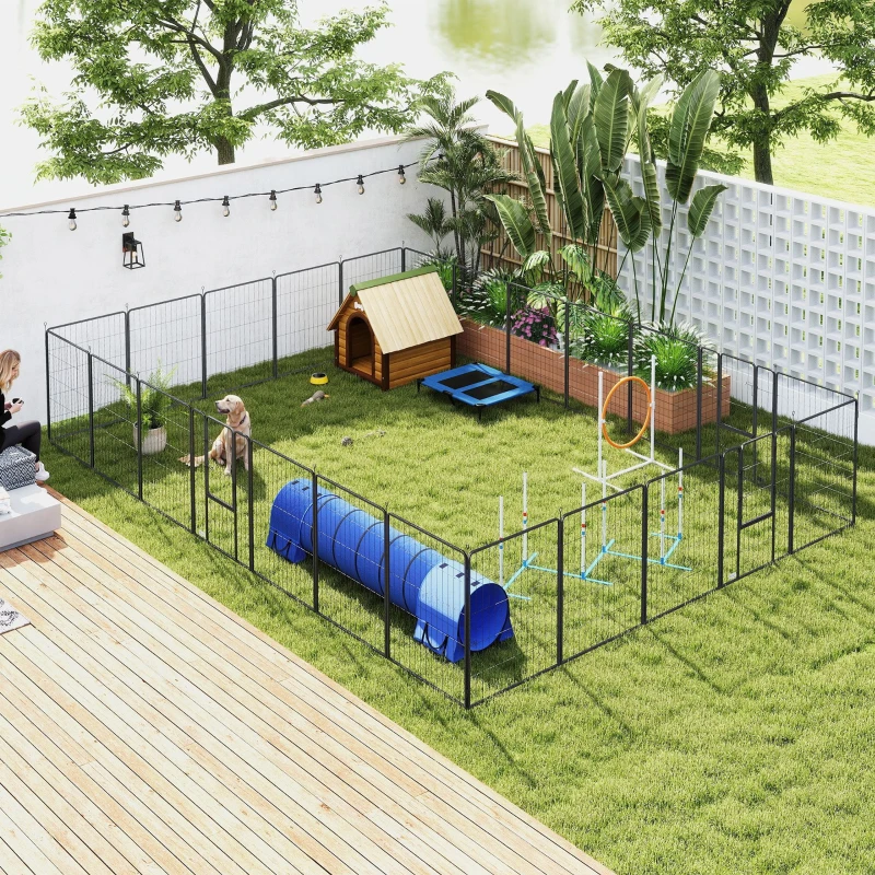 Large outdoor dog playpen with tunnel, doghouse and agility equipment in a fenced yard.