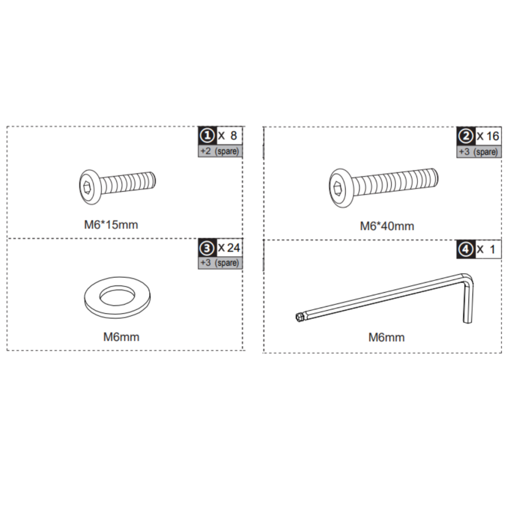 chart showing M6 screws, washers, long screws, and an M6 hex key included.