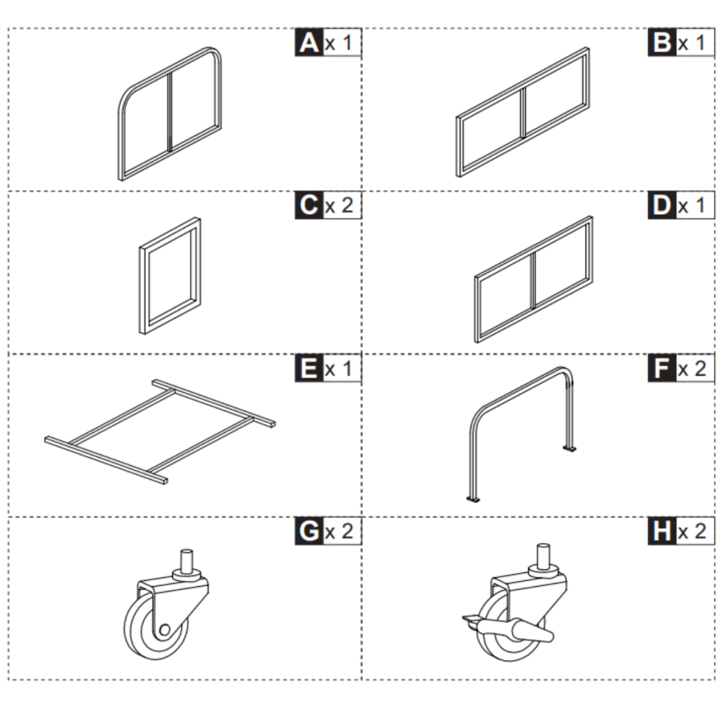 diagram showing curved frames, side panels, back panel, bottom frame, and caster wheels.