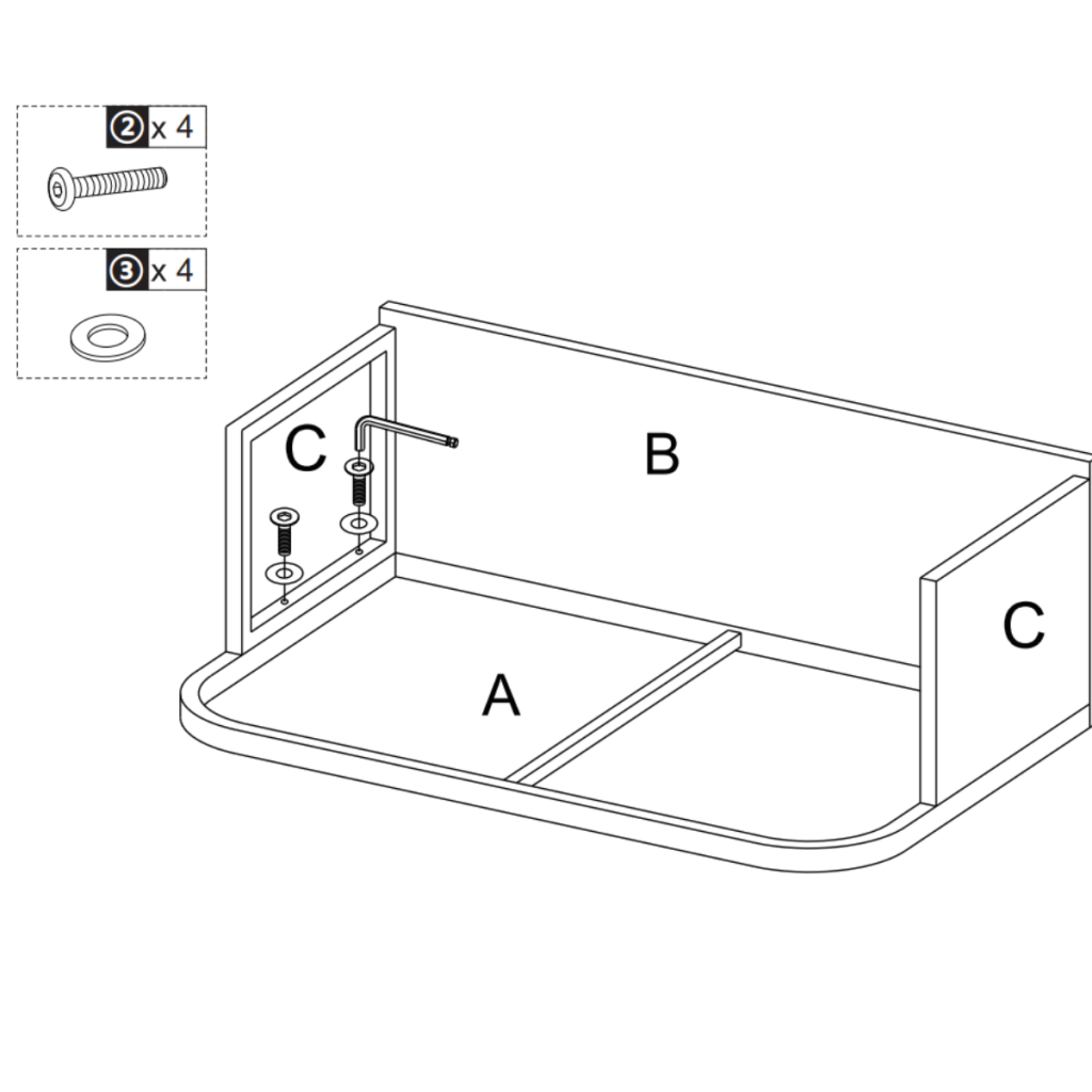 Illustration showing side panels C being attached to base frame A and back panel B with screws.