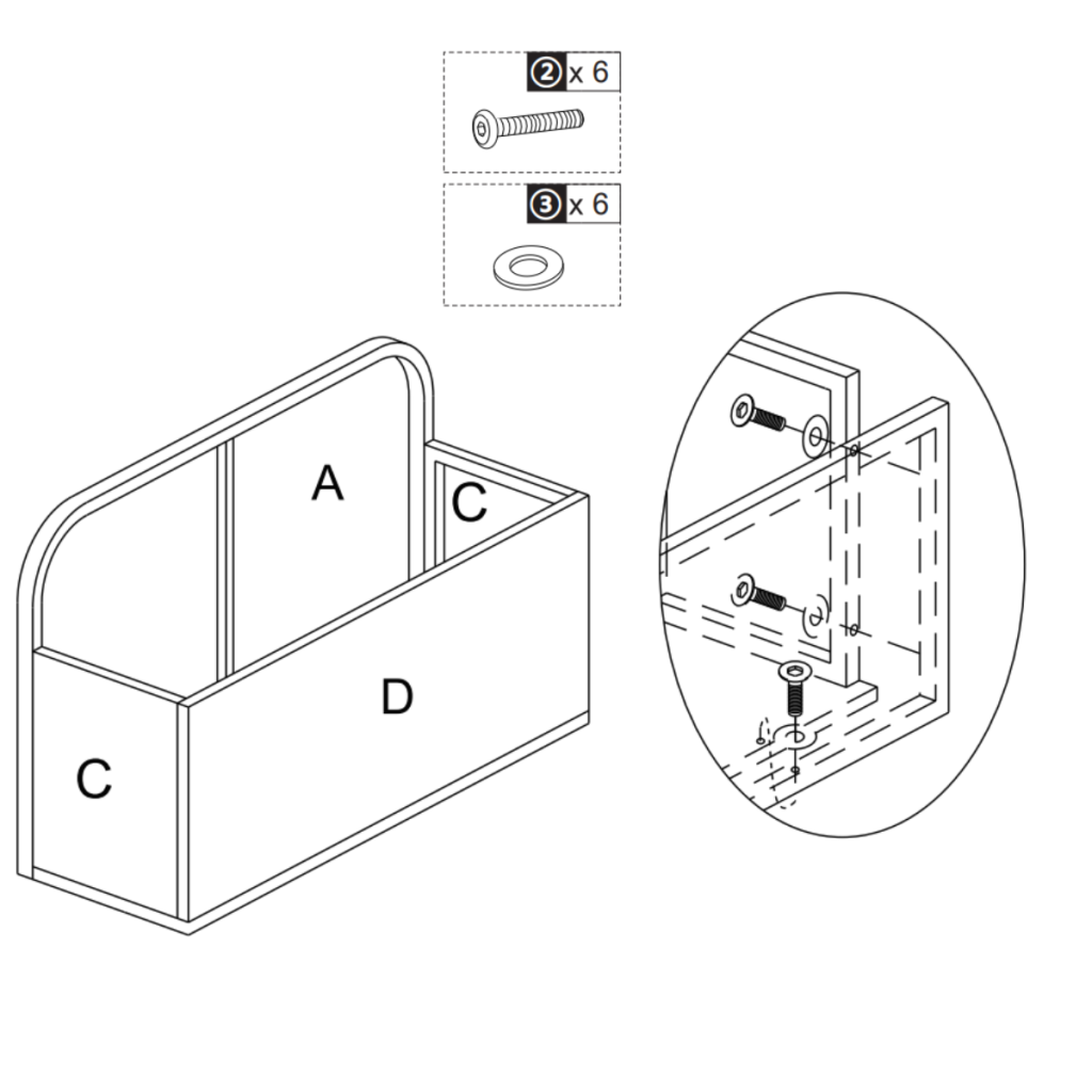 Exploded diagram showing panel D being secured to side panels C using screws and washers.
