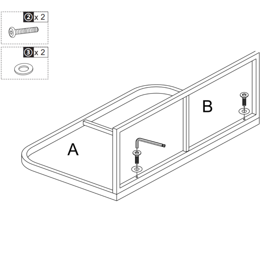 Diagram of curved front frame A being fixed to long side frame B using screws and washers.