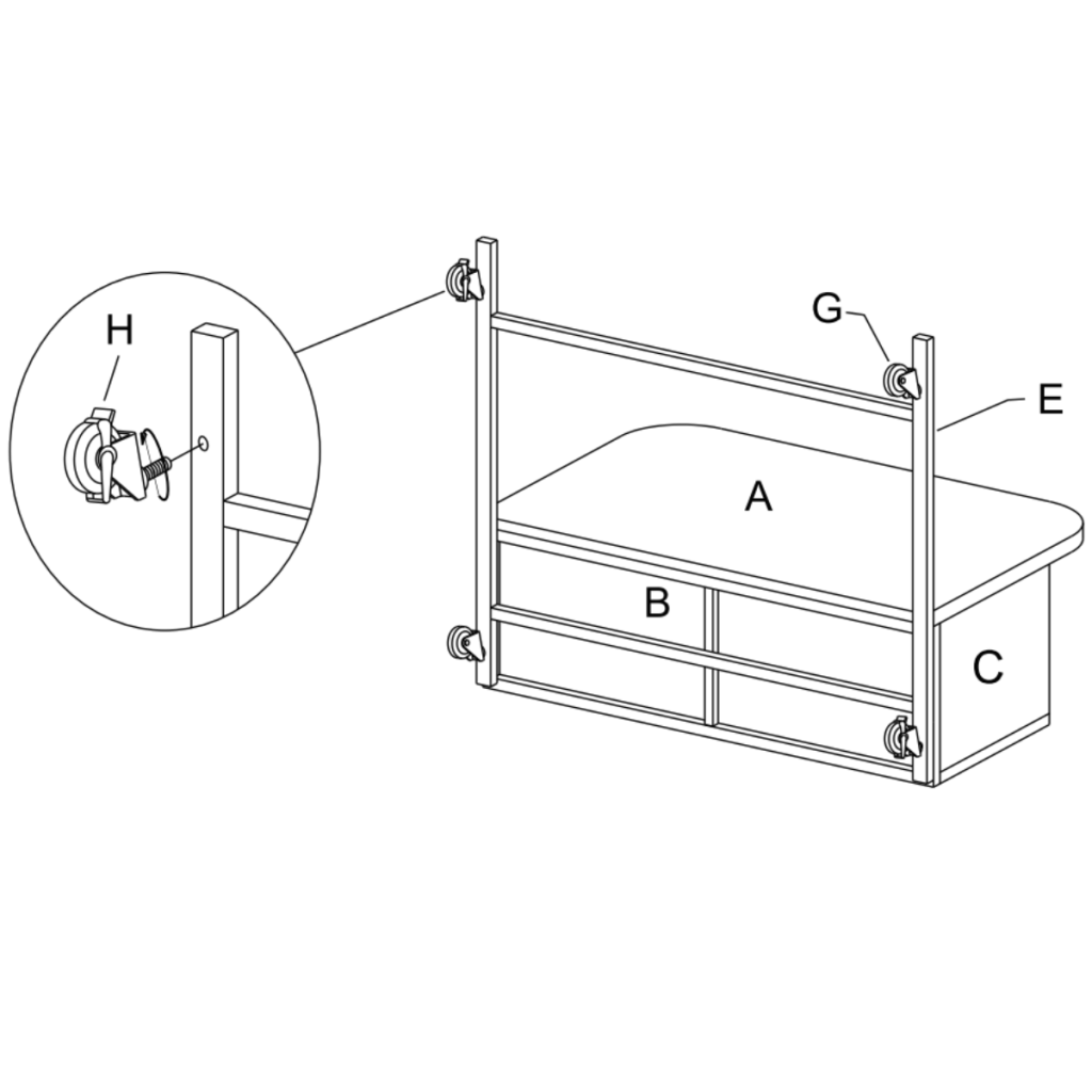 Assembly diagram showing handle frames F and caster wheels G and H being attached to main structure.