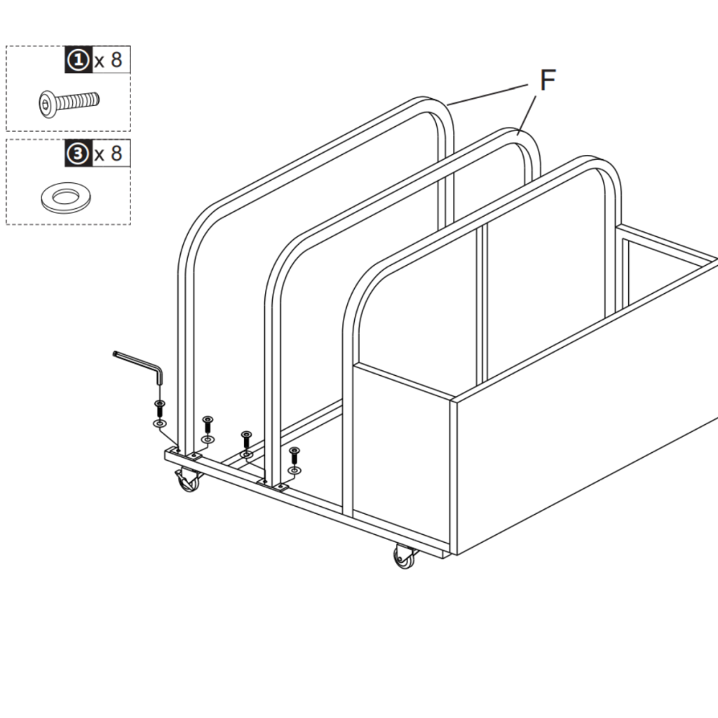 Diagram showing handle frames F being fixed vertically onto the lower base frame.