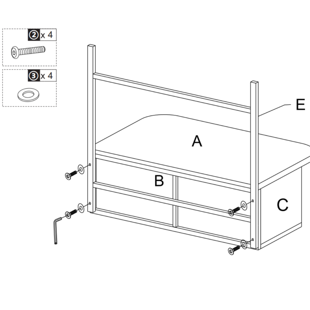 Diagram showing support frame E attached beneath the main structure using screws and washers.