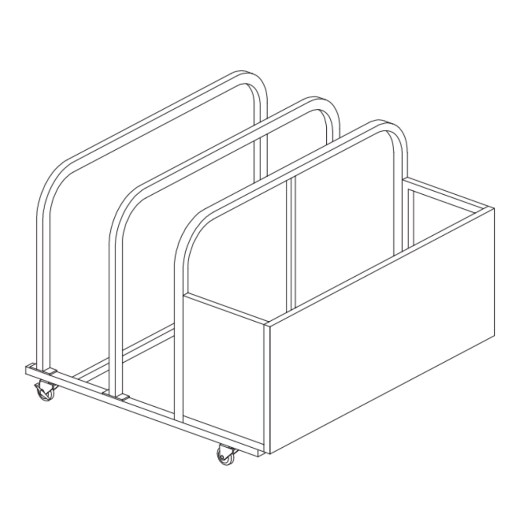 Completed assembly diagram of the rolling storage unit with all panels and frames connected.