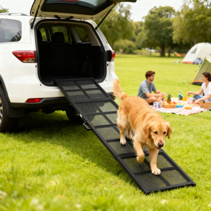   Golden retriever walking down a long car ramp from an SUV during an outdoor picnic.