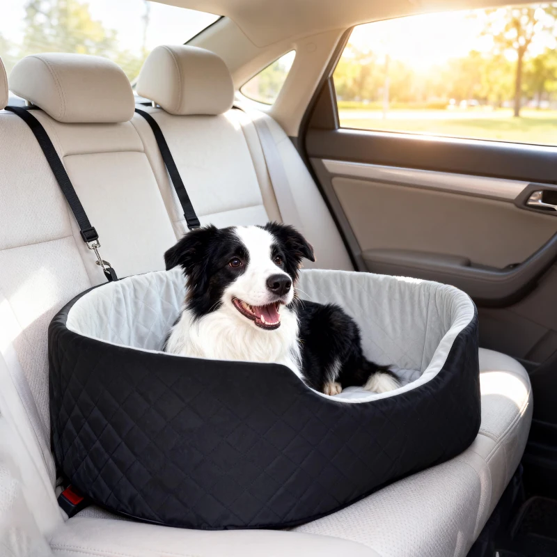 Dog in a car seat with a washable bed, cushion, and safety belt, providing comfort.