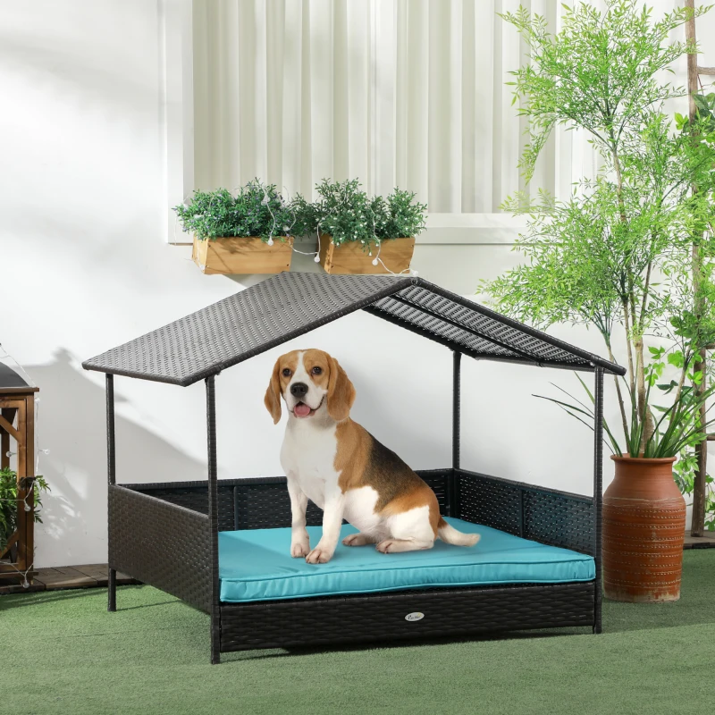 Outdoor dog house with a wicker design and a soft cushion for a comfortable nap.