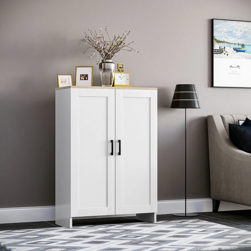 Minimalist white storage cabinet with adjustable shelf, gold décor pieces, and modern living room setup