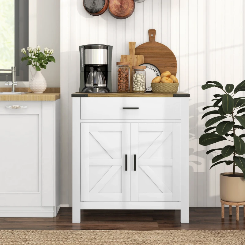 Two-tone white and oak farmhouse buffet cabinet styled with neutral kitchen décor and wooden accents
