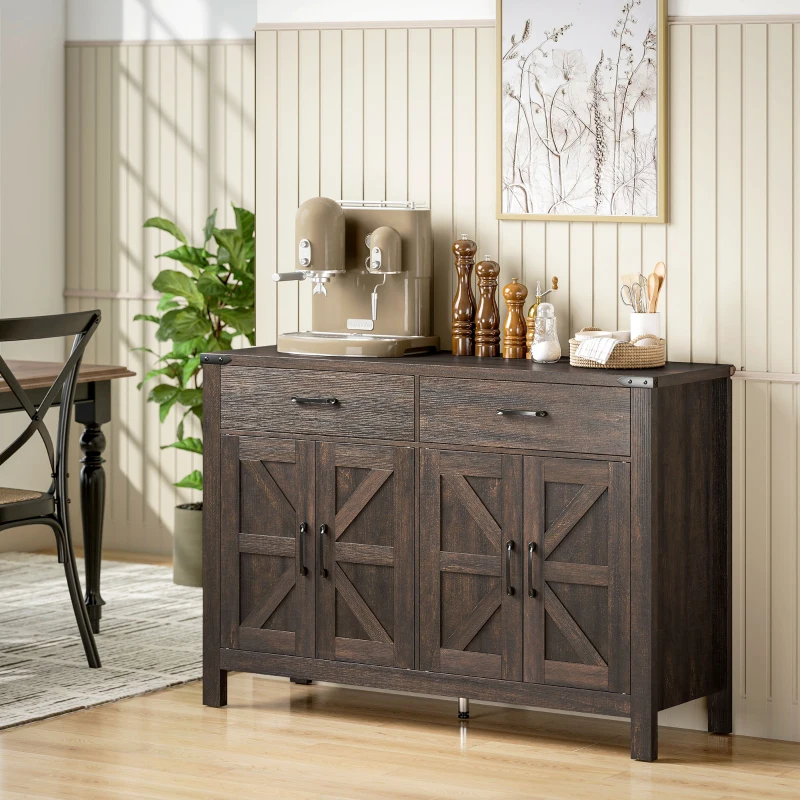 Rustic dark-brown farmhouse buffet cabinet with coffee machine and spice jars in cozy kitchen