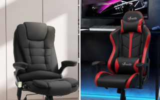 Split comparison showing a person working in an office chair vs gaming in a gaming chair at separate desks