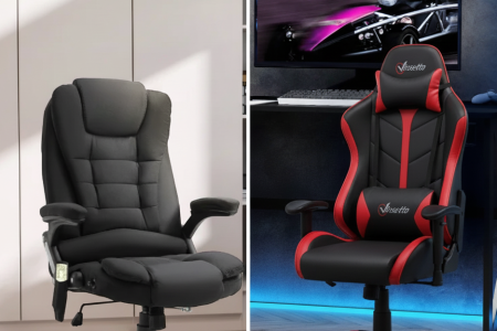 Split comparison showing a person working in an office chair vs gaming in a gaming chair at separate desks