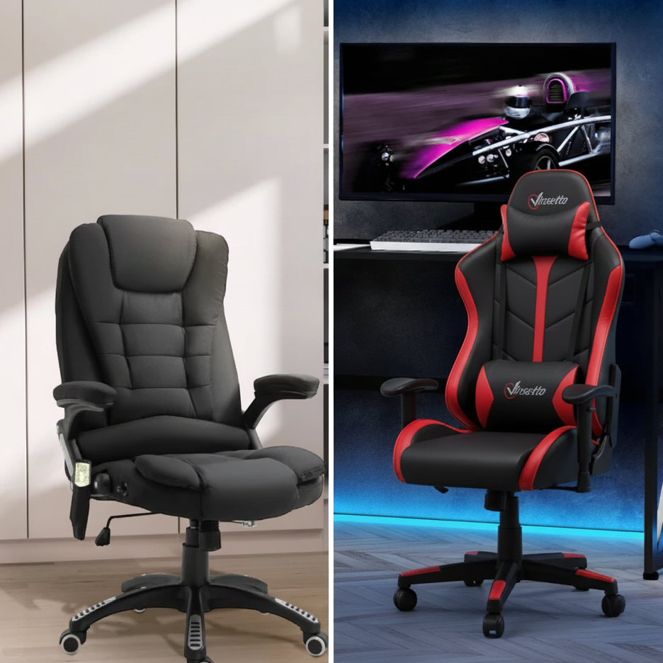 Split comparison showing a person working in an office chair vs gaming in a gaming chair at separate desks