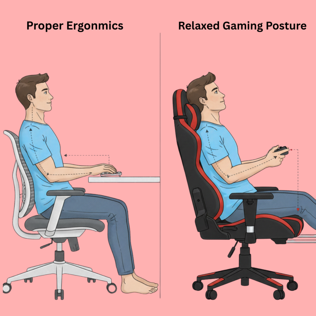 Illustration comparing correct ergonomic sitting posture in office chair versus reclined gaming chair posture