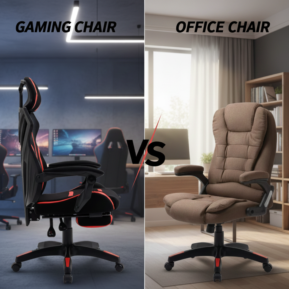 Split visual comparing built-in lumbar support in office chair and detachable pillow support in gaming chair