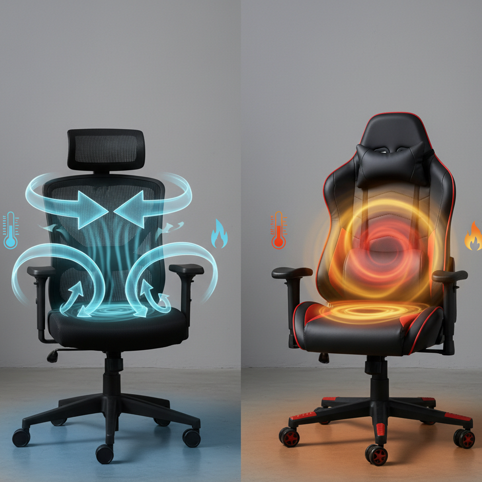 Visual comparison showing airflow design in mesh office chair vs heat retention in PU leather gaming chair