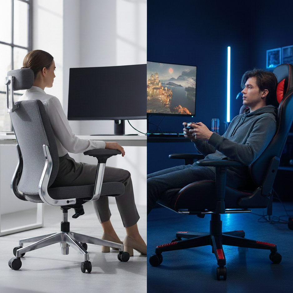 Side-by-side view of office and gaming chairs showing adjustment levers for height, tilt, and armrest flexibility