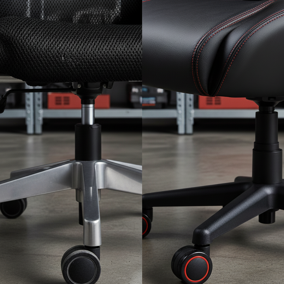 Side-by-side shot of office chair metal base versus gaming chair plastic base to highlight build durability
