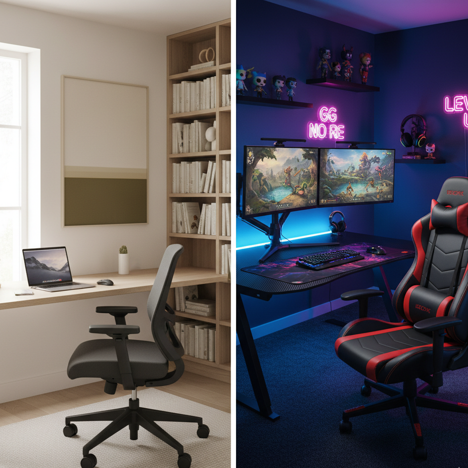 Side-by-side comparison of a sleek office chair in a bright workspace and a bold gaming chair in a neon-lit setup