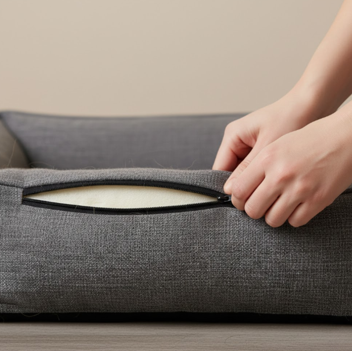Close-up of hands unzipping a dog bed cover to remove foam insert, showing fabric and foam.
