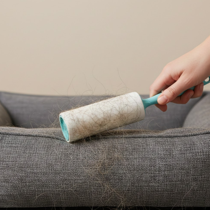 Hands using a lint roller to remove pet hair from a dog bed fabric, with a clean background.
