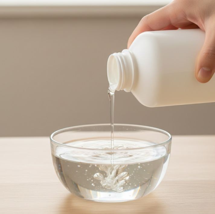 Pouring mild detergent into a bowl of water to create a cleaning solution for a dog bed.