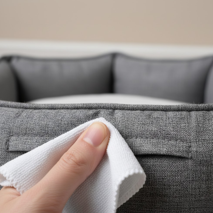Hands testing a cleaning solution on a hidden corner of a dog bed cover, ensuring no colour transfer.