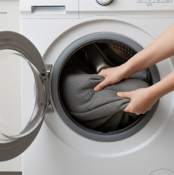 Hands placing a dog bed cover into a washing machine drum for a gentle wash cycle.