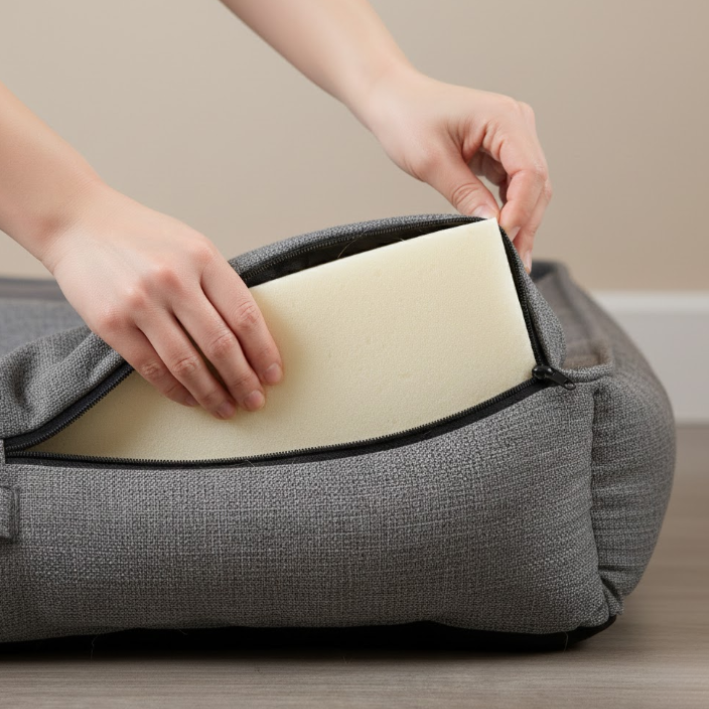 Carefully sliding foam insert back into a dog bed cover and zipping it up to reassemble.