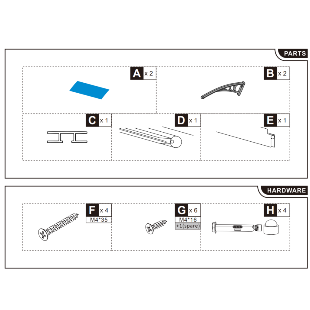 Unboxing image showing the contents of the canopy kit, including panels and brackets. and plush gaming chair seat
