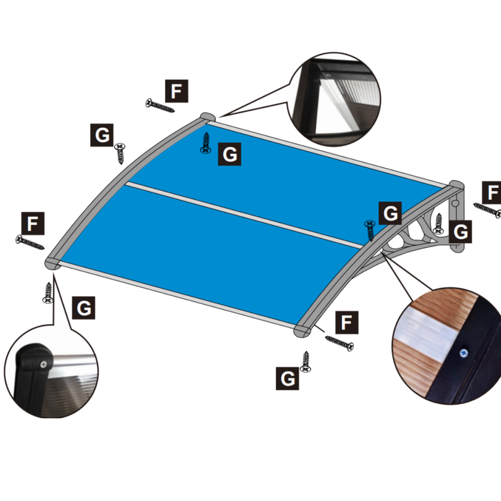 Secure polycarbonate panels onto the brackets using screws for firm attachment.