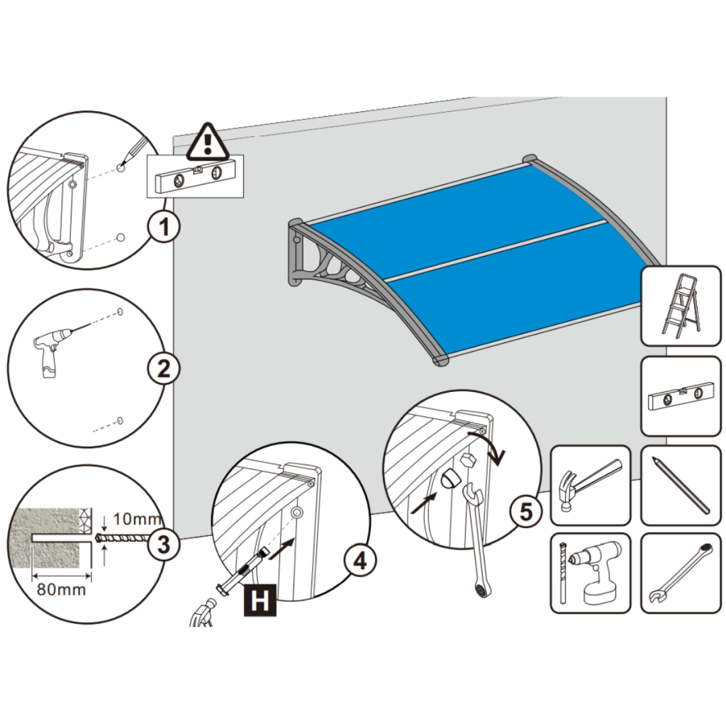 Mount the canopy frame onto the wall, securing it with appropriate fasteners.