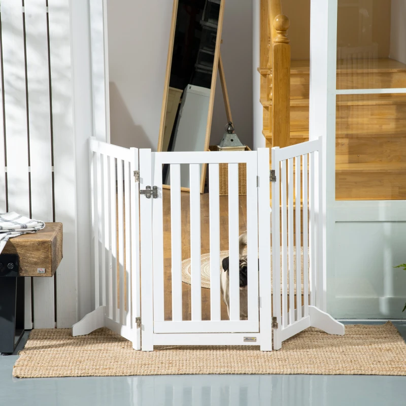 White three-panel foldable dog gate with secure door in light wooden home interior.