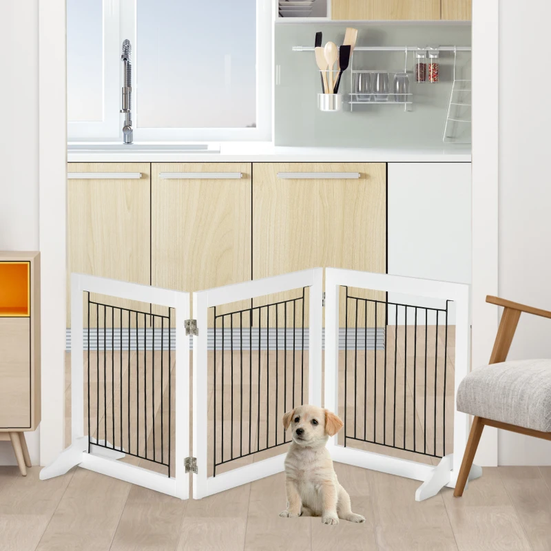 White freestanding foldable dog gate keeping pug safely inside bright hallway.