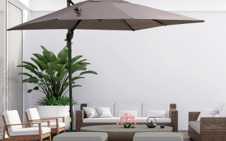 Completed Outsunny square hanging offset patio umbrella shading modern outdoor seating area.