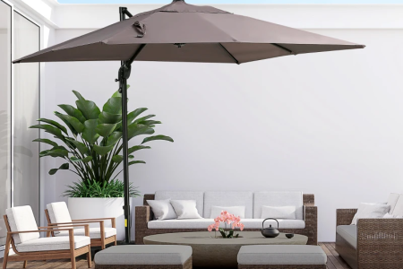 Completed Outsunny square hanging offset patio umbrella shading modern outdoor seating area.