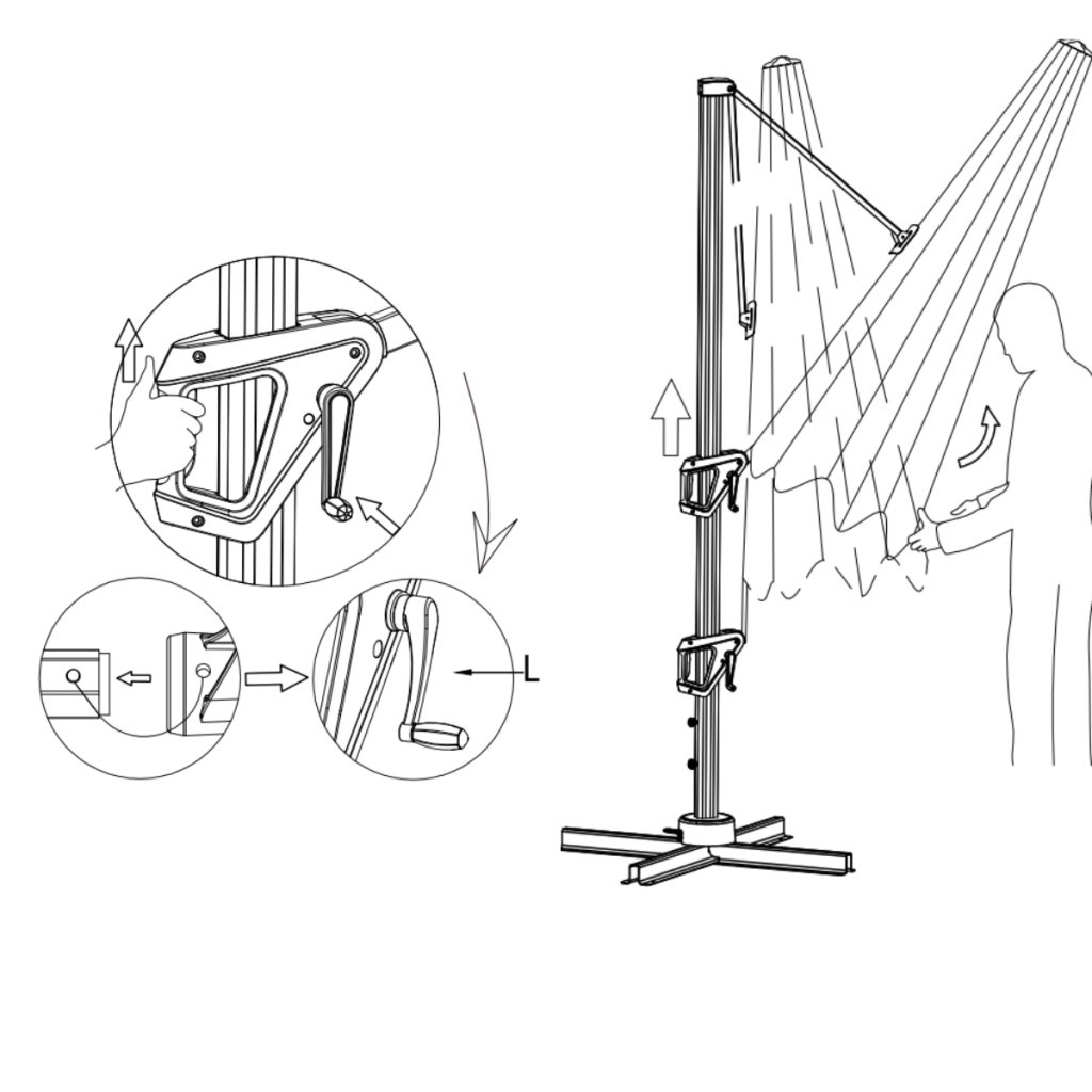 Assembly diagram illustrating umbrella lift, alignment, and crank handle positioning.