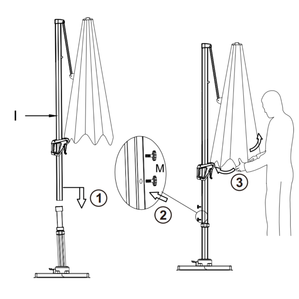 Instructions showing umbrella attachment to support pole and secure locking setup.