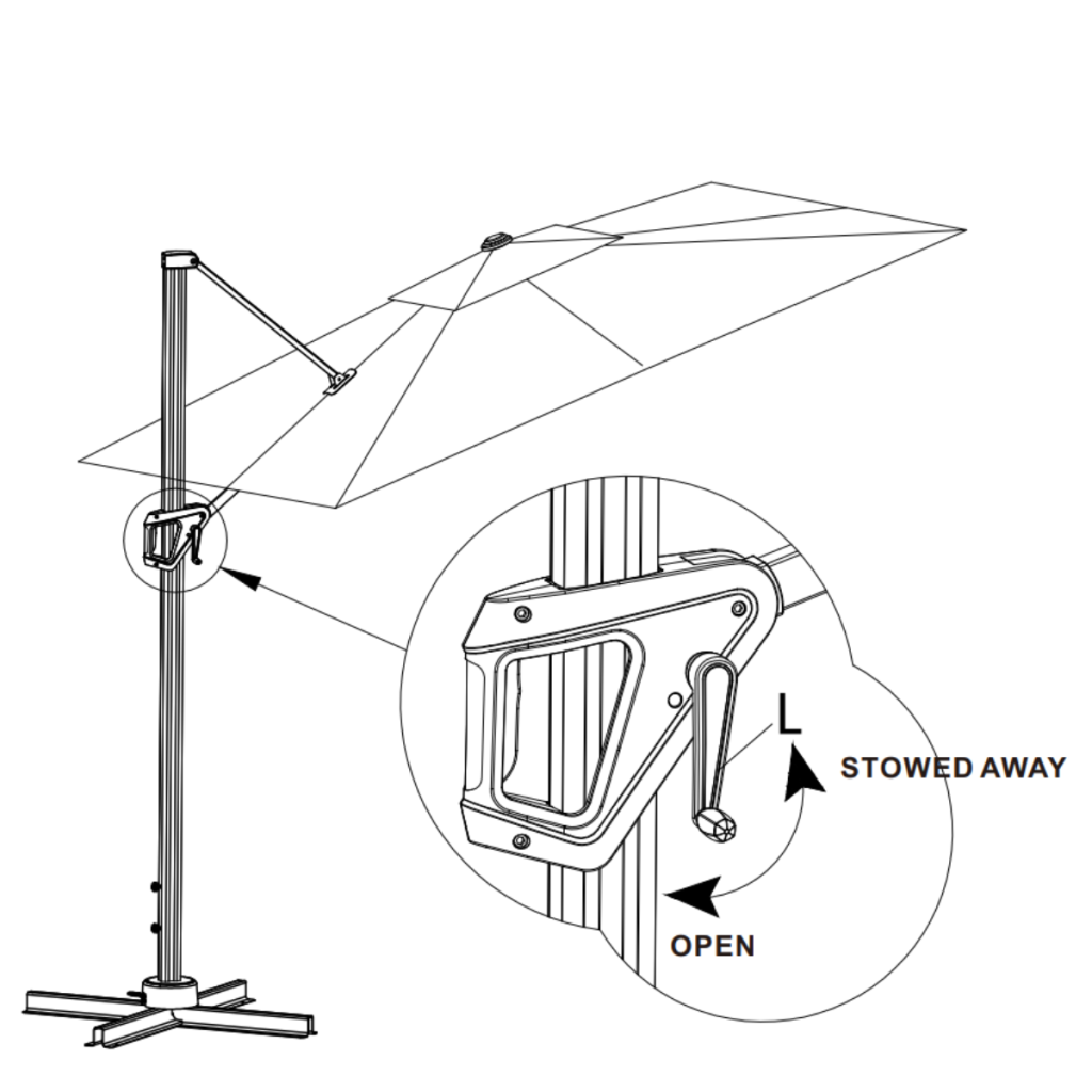 Diagram showing fully opened Outsunny cantilever umbrella and handle lock detail.