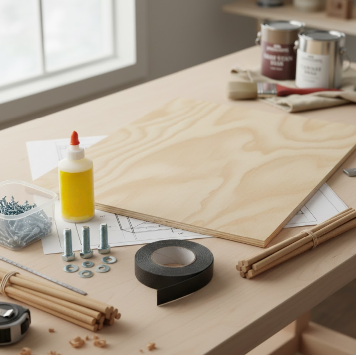 Wood glue, plywood, dowels, screws, and tools arranged on a workbench.