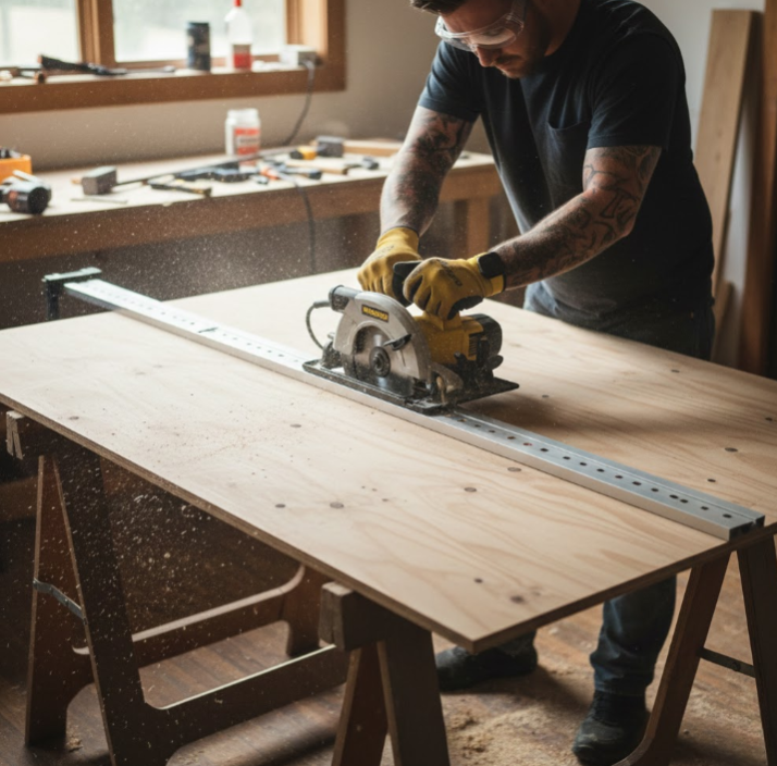 Man using a circular saw to cut plywood on a workbench.