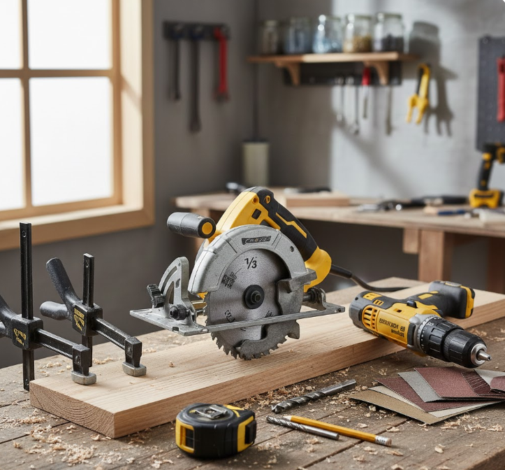 Circular saw, drill, clamps, and woodworking tools on a workshop table.