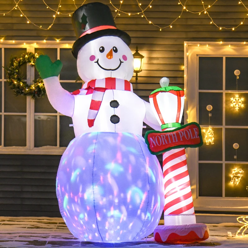 Light-up inflatable snowman holding North Pole sign in front of house decorated with lights.