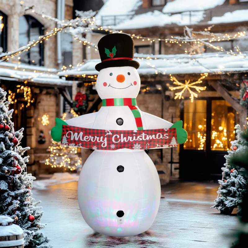 Large snowman inflatable holding Merry Christmas banner with glowing LED lights outdoors.