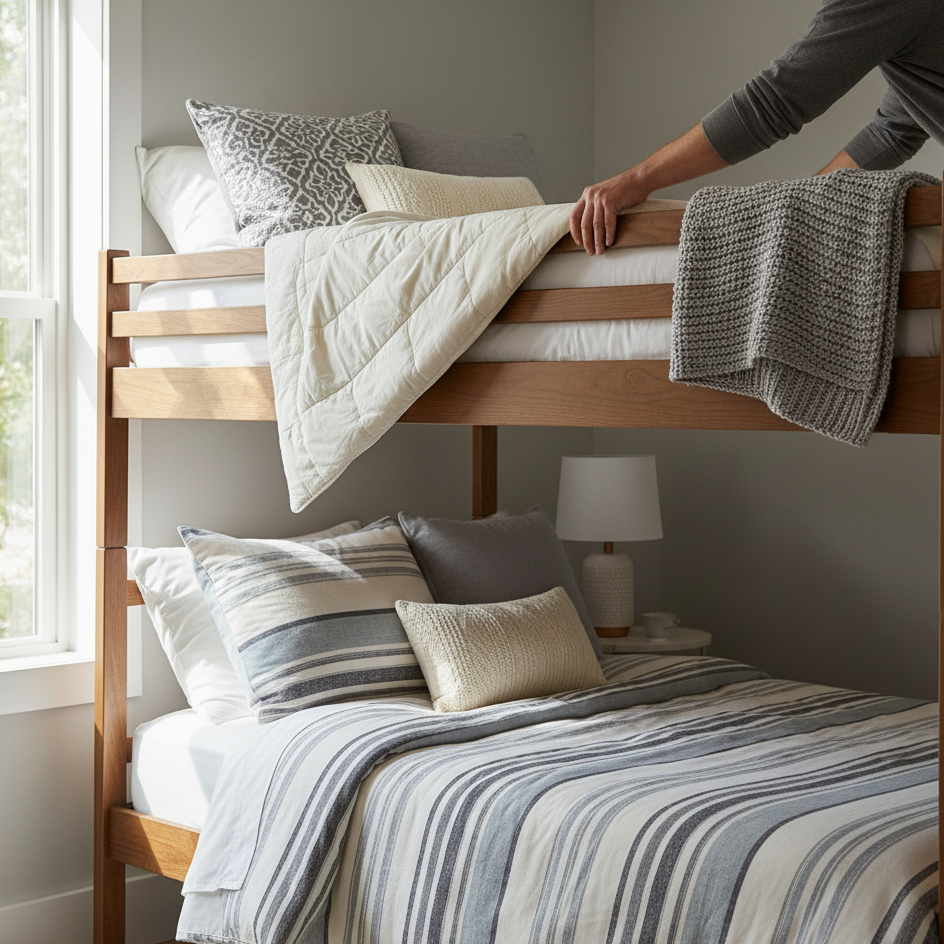 Person arranging striped gray bedding and throw blankets on a wooden bunk bed.