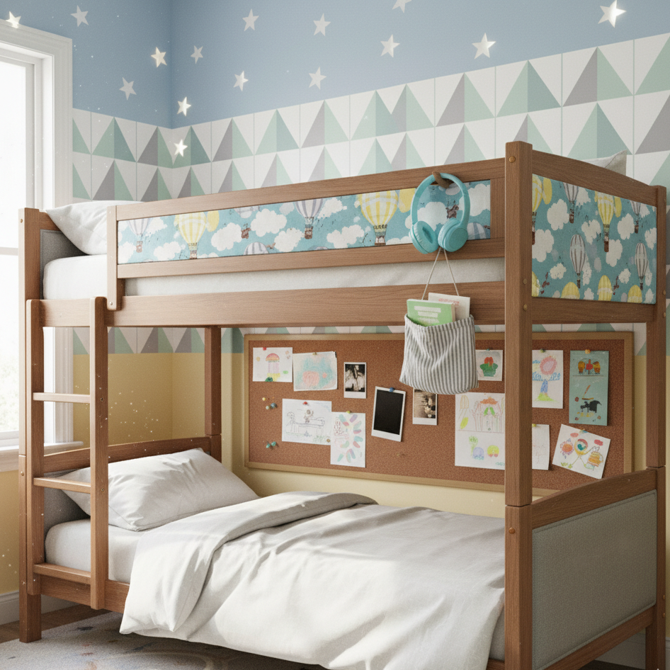 Children’s bunk bed with sky-themed wallpaper and colorful drawings displayed on the wall.