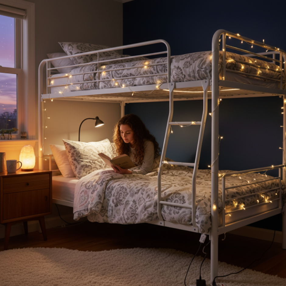 Girl reading beneath a metal bunk bed decorated with fairy lights and a bedside lamp.